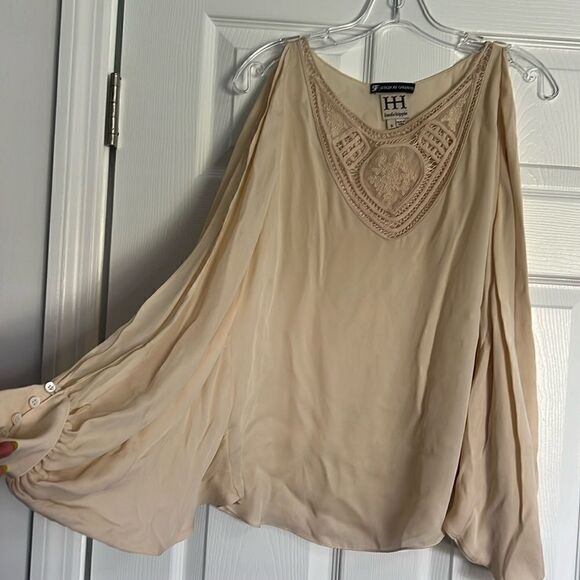 Haute Hippie Top - Bat Wing Embroidered Tan Blouse - Picture 2 of 5